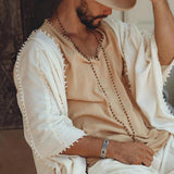Light Beige Handmade Knots Decorated T-Shirt for Men - AYA Sacred Wear