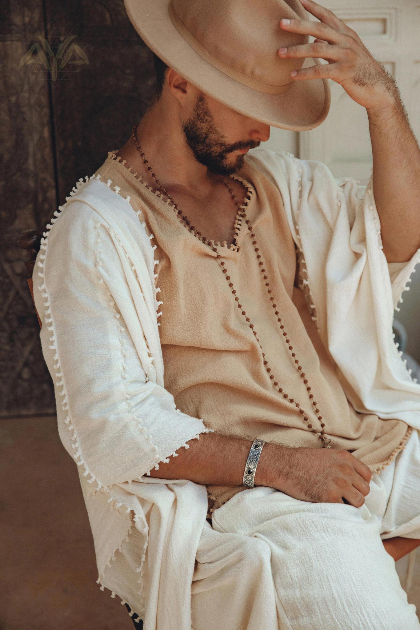 Light Beige Handmade Knots Decorated T-Shirt for Men - AYA Sacred Wear