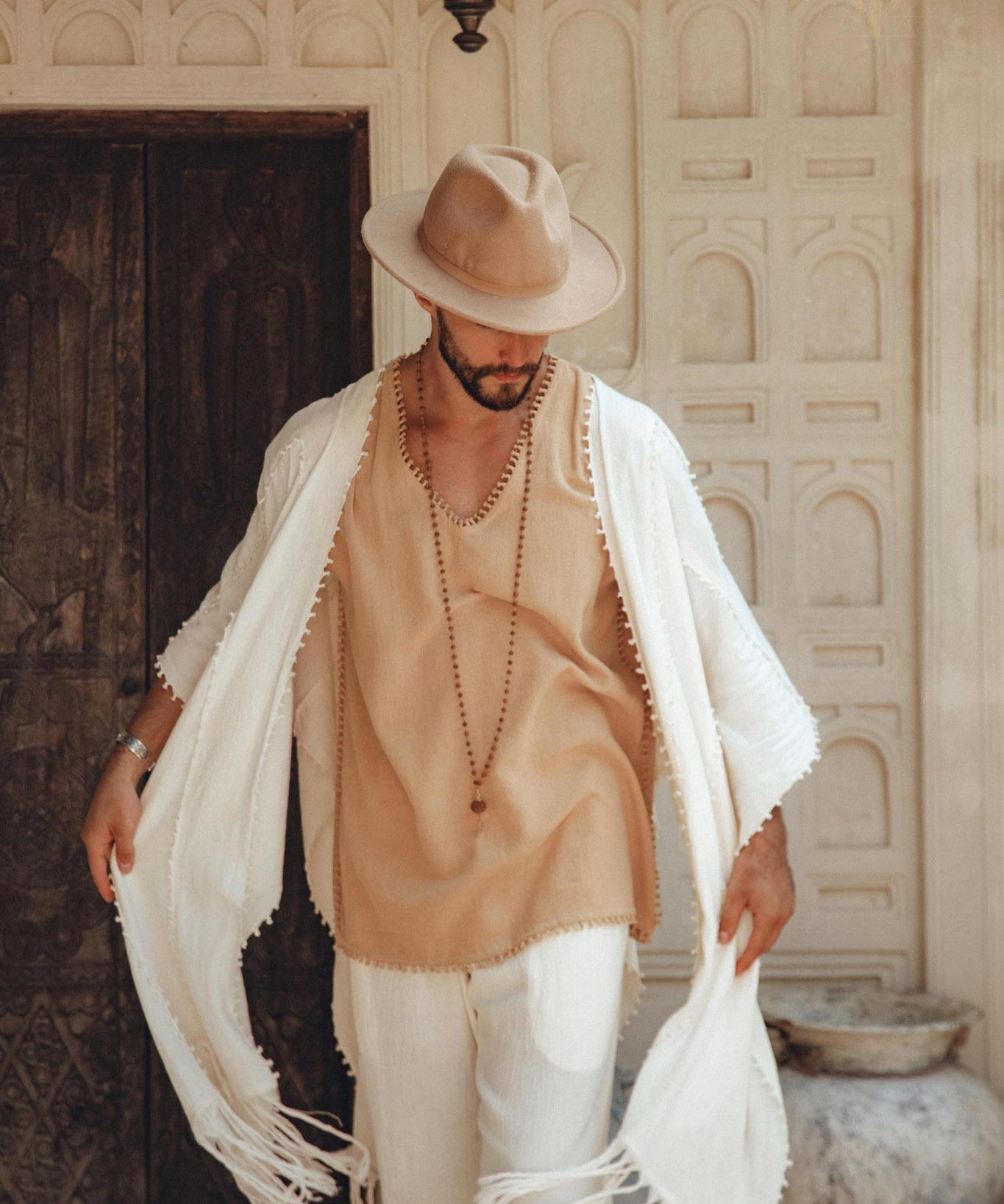 Light Beige Handmade Knots Decorated T-Shirt for Men - AYA Sacred Wear