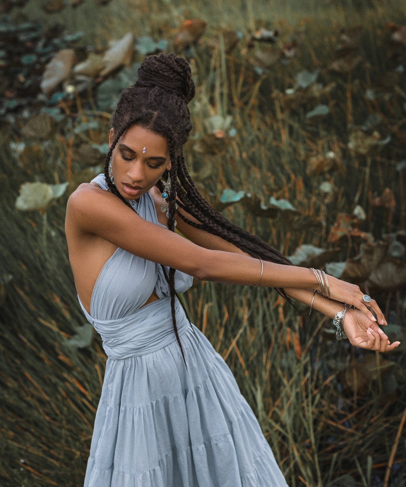 Light Blue Bohemian Adjustable Dress • Boho Evening Open Back Belly Dress - AYA Sacred Wear