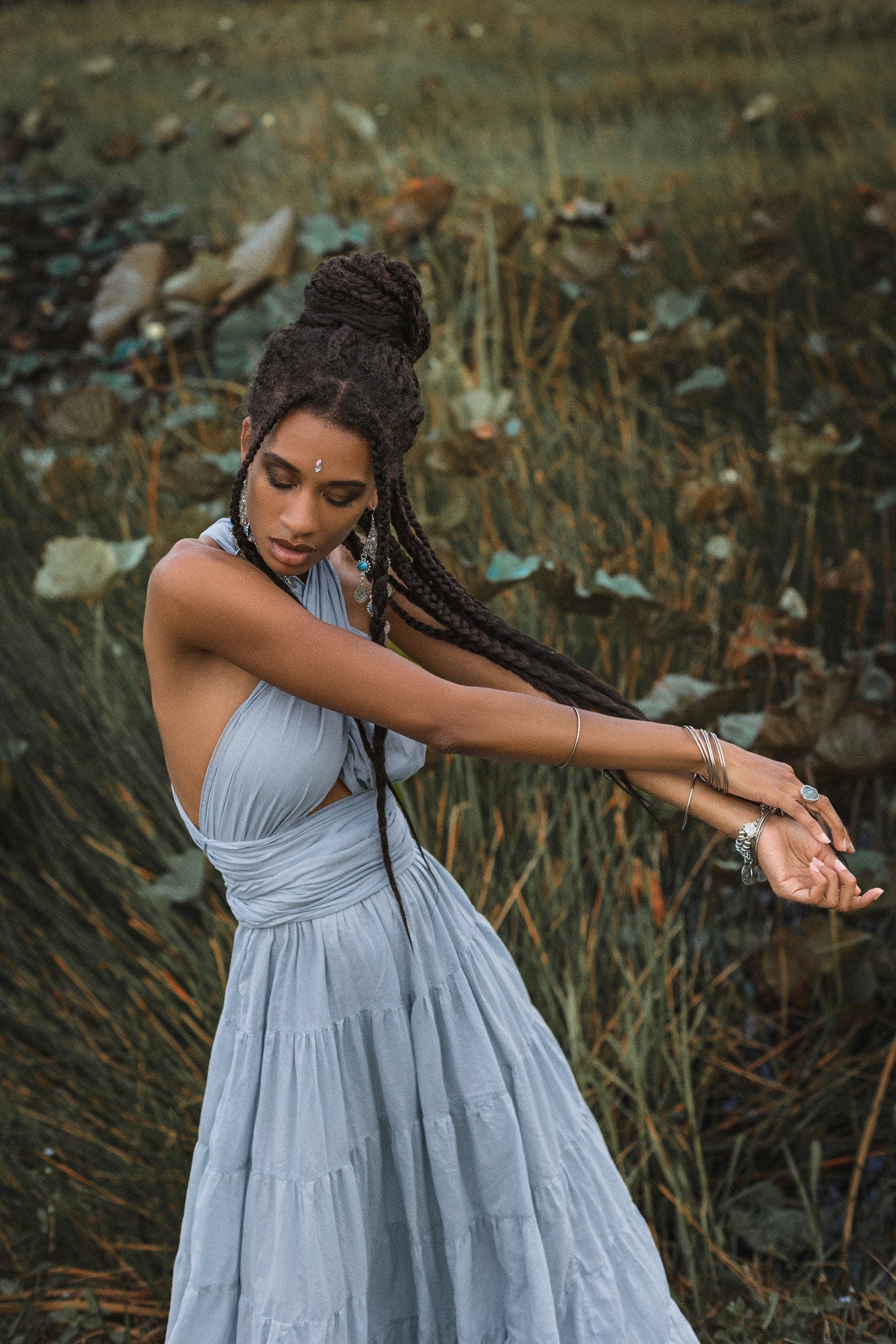 Light Blue Bohemian Adjustable Dress • Boho Evening Open Back Belly Dress - AYA Sacred Wear