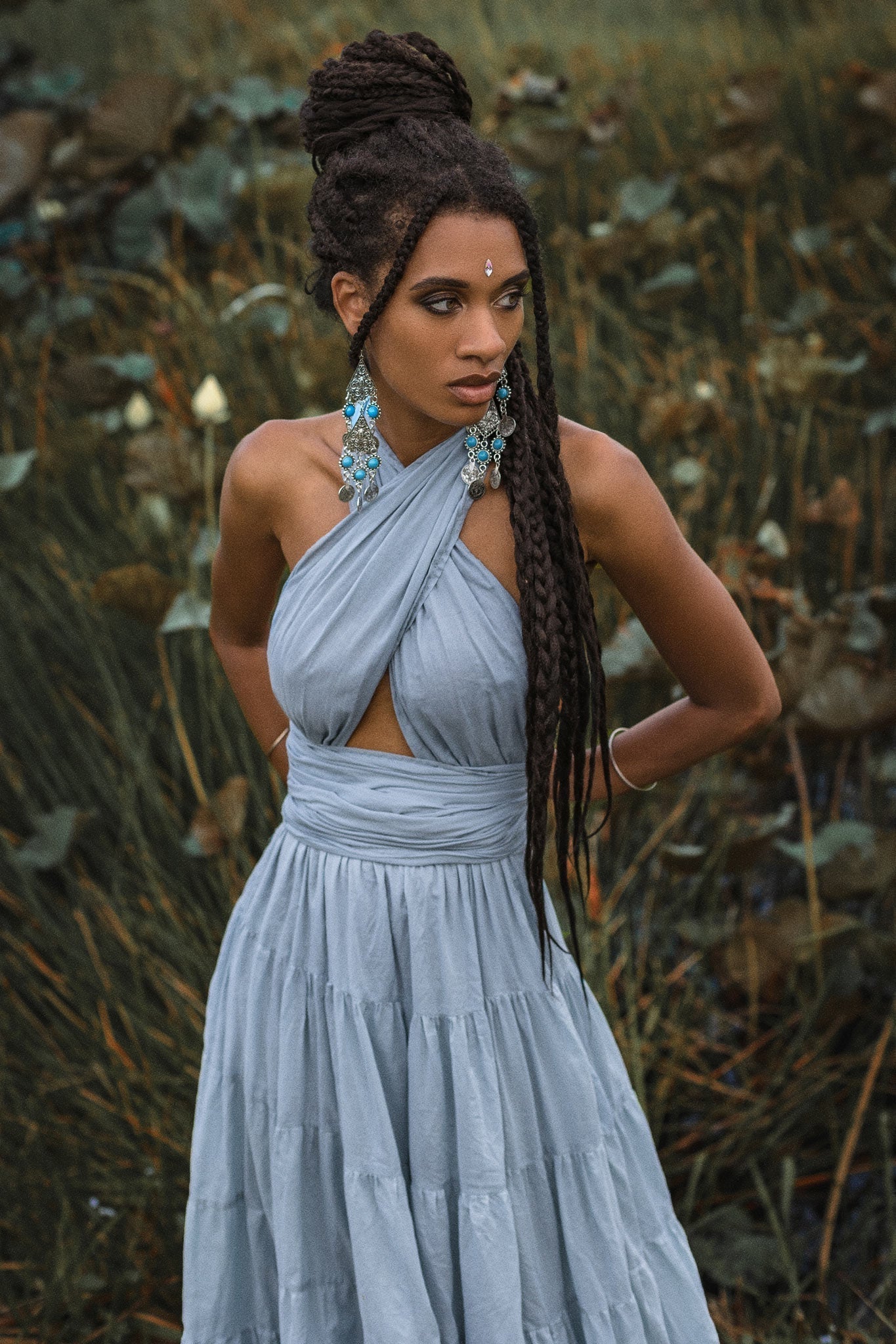 Light Blue Bohemian Adjustable Dress • Boho Evening Open Back Belly Dress - AYA Sacred Wear