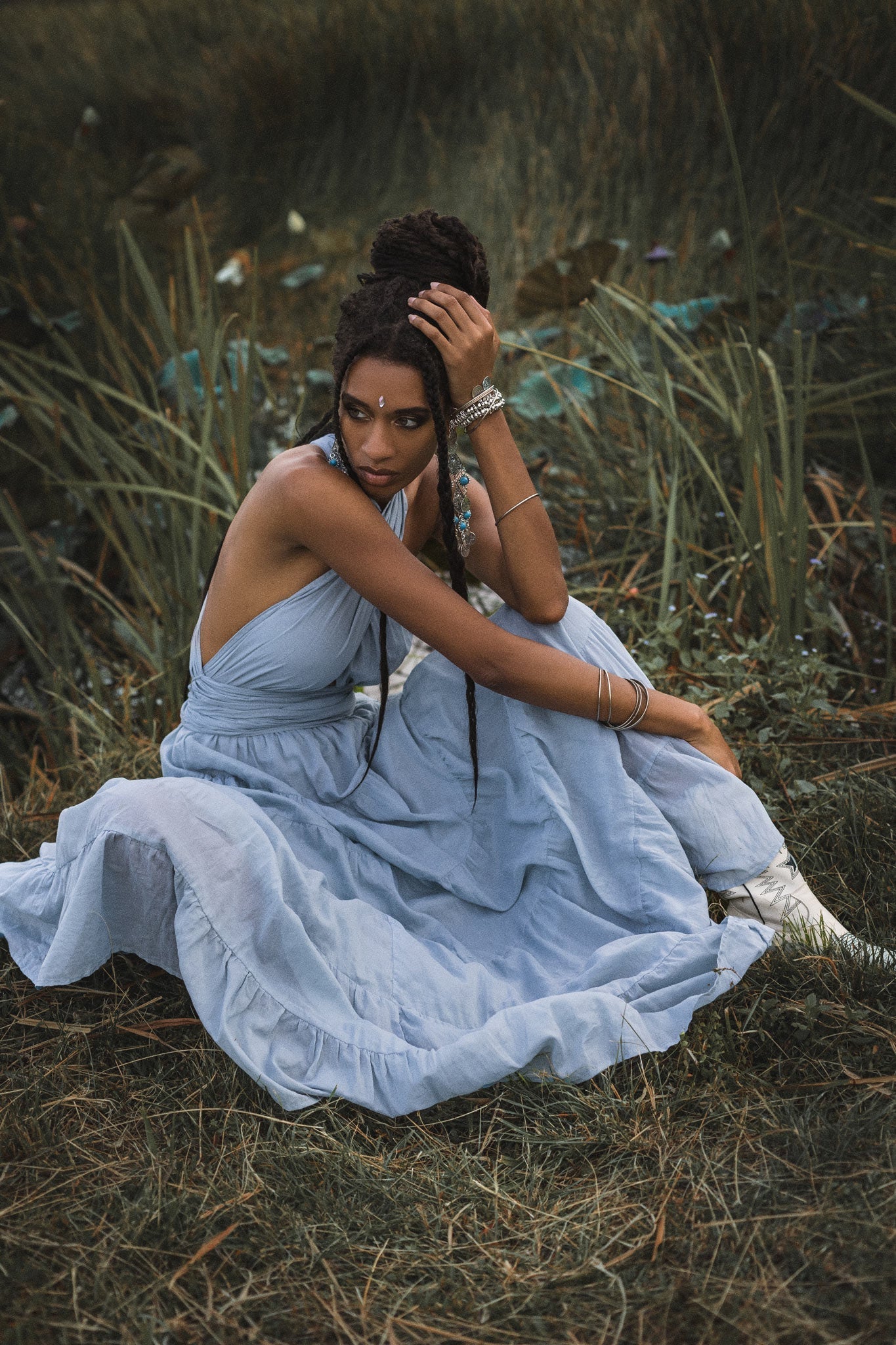 Light Blue Bohemian Adjustable Dress • Boho Evening Open Back Belly Dress - AYA Sacred Wear