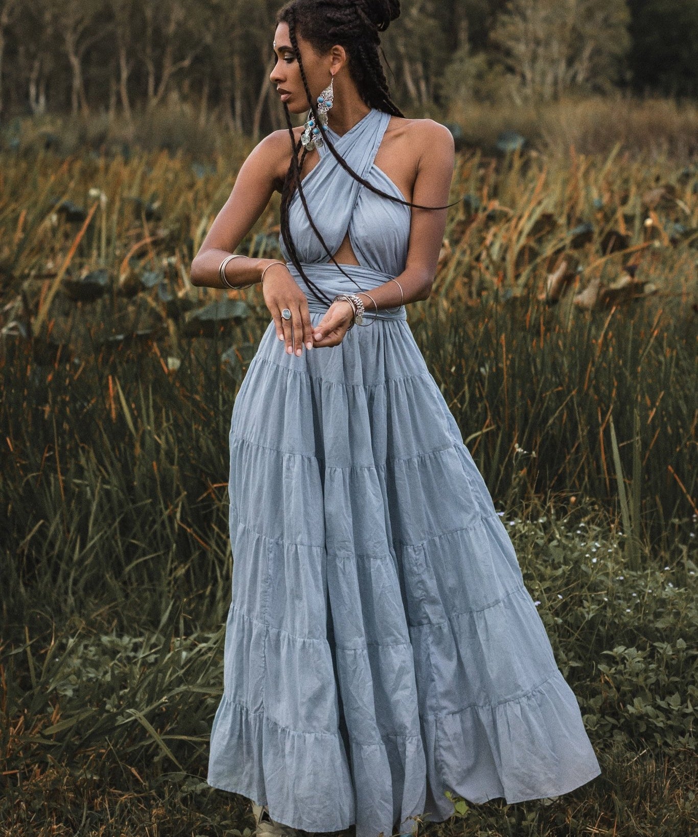 Light Blue Bohemian Adjustable Dress • Boho Evening Open Back Belly Dress - AYA Sacred Wear
