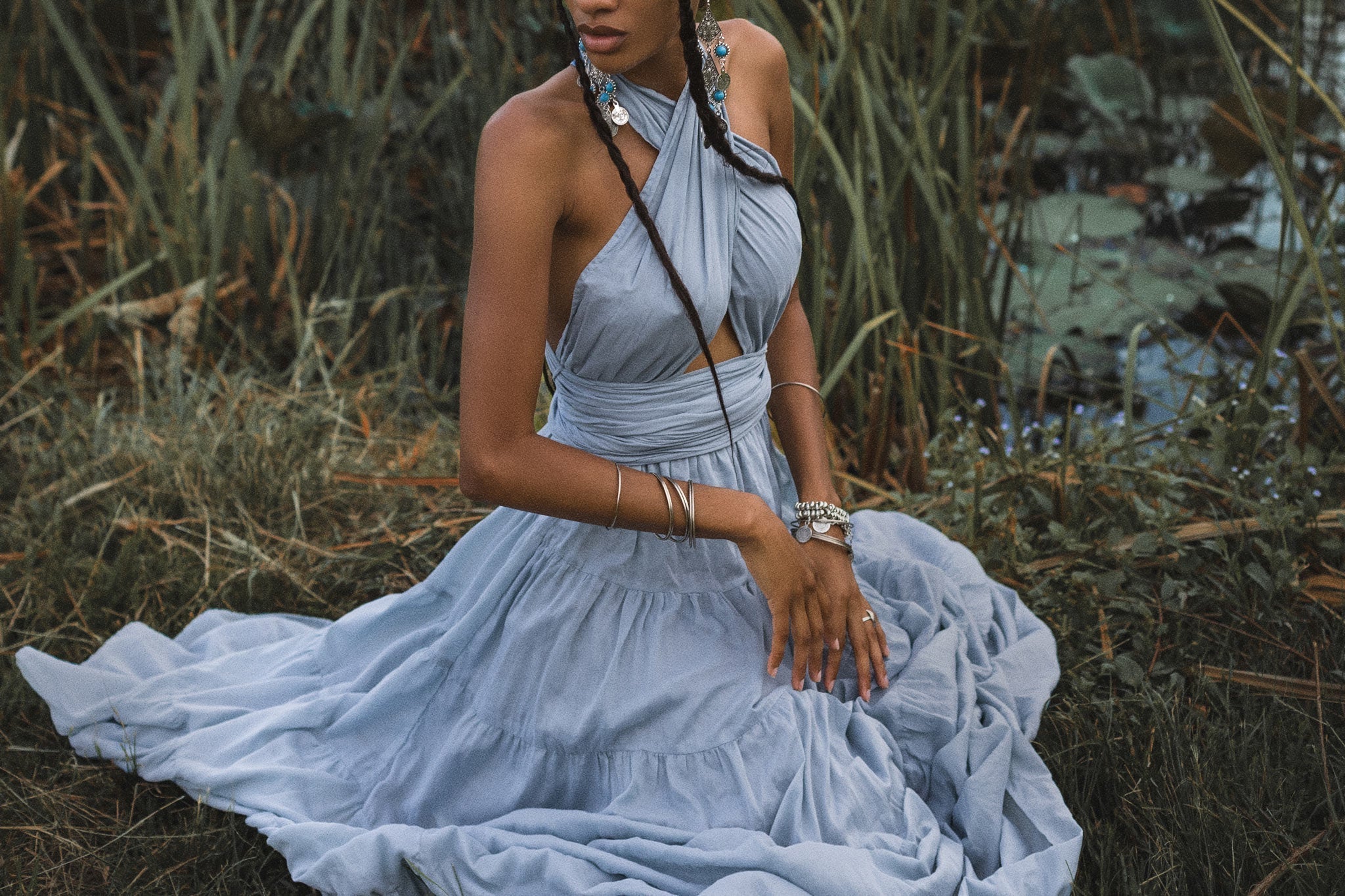 Light Blue Bohemian Adjustable Dress • Boho Evening Open Back Belly Dress - AYA Sacred Wear