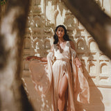 Luxurious Ahimsa Silk Goddess Dress: Ombre Light Cream to Dusty Pink, Open Shoulder Angle Sleeves, Wrap Kimono Style.