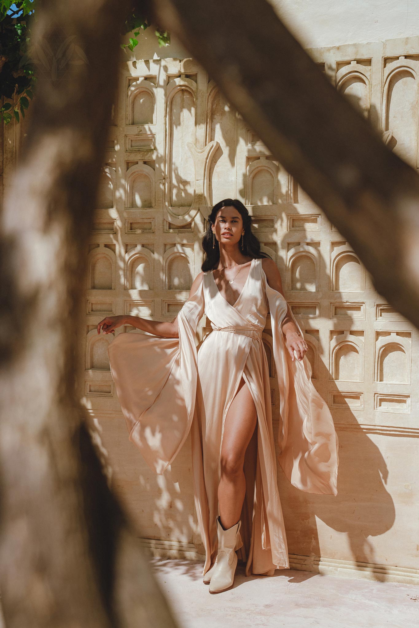 Luxurious Ahimsa Silk Goddess Dress: Ombre Light Cream to Dusty Pink, Open Shoulder Angle Sleeves, Wrap Kimono Style.