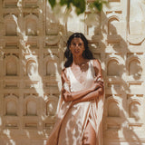 Eco-Luxurious Wedding Guest Dress: Ombre Dusty Pink & Light Cream, Boho Wrap Kimono Style, Made with Organic Peace Silk.
