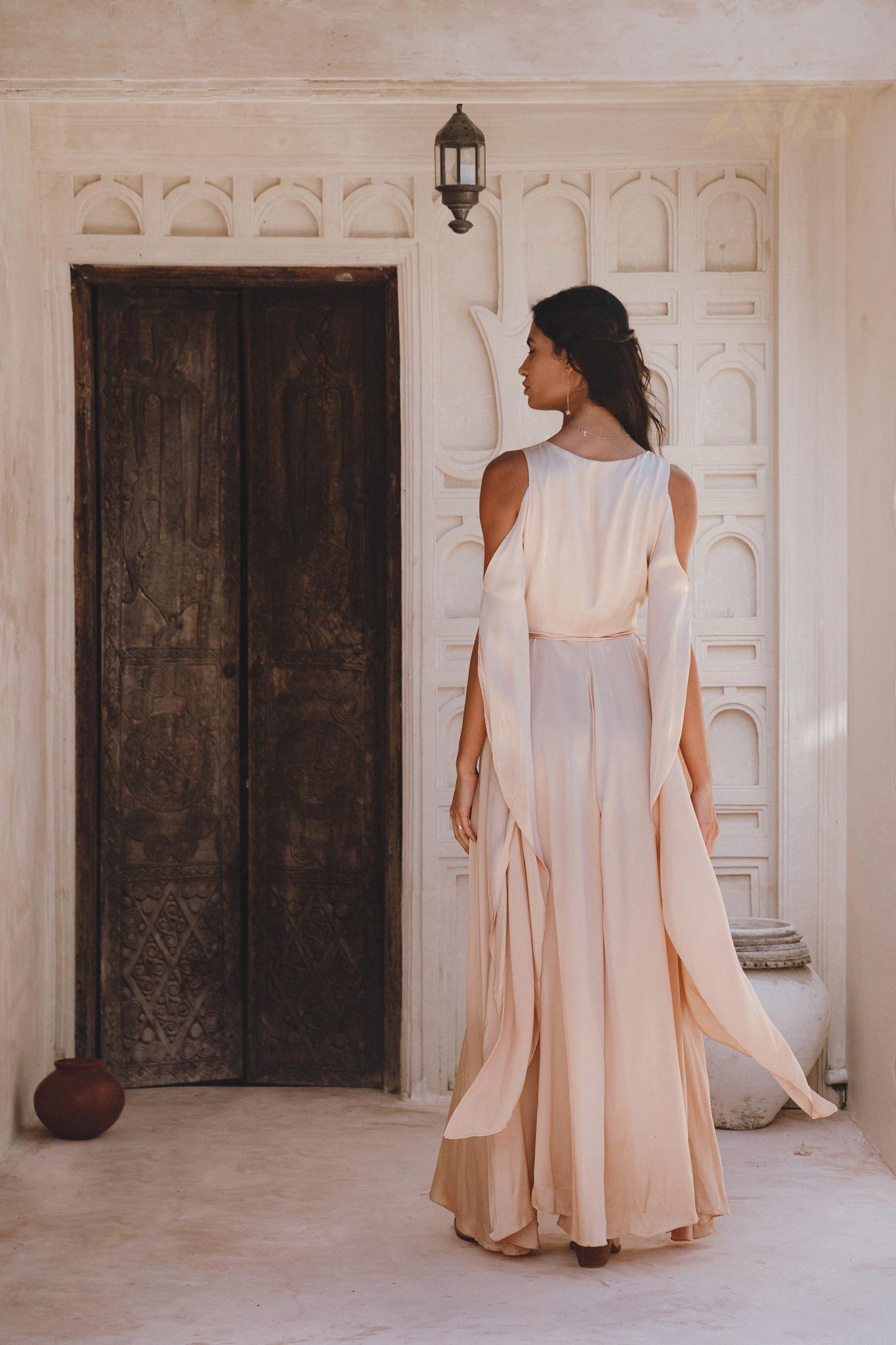 Organic Peace Silk Dress in Ombre Light Cream & Dusty Pink: Wrap Kimono Style with Maxi Bell Sleeves, Truly Feminine.