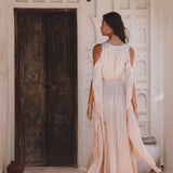 Organic Peace Silk Dress in Ombre Light Cream & Dusty Pink: Wrap Kimono Style with Maxi Bell Sleeves, Truly Feminine.