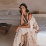 Ahimsa Silk Bridesmaid Dress: Light Cream & Dusty Pink Ombre, Feminine Wrap Kimono Style with Maxi Bell Sleeves.