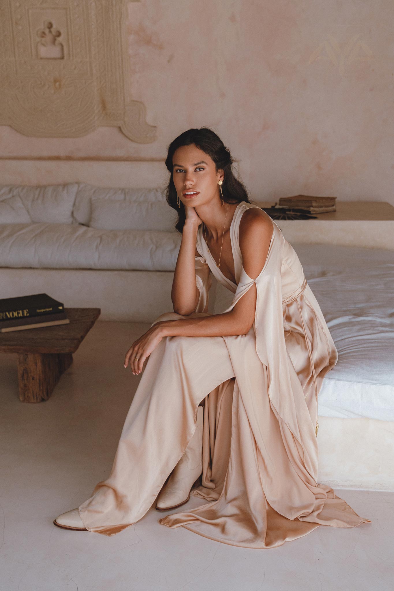 Ahimsa Silk Bridesmaid Dress: Light Cream & Dusty Pink Ombre, Feminine Wrap Kimono Style with Maxi Bell Sleeves.