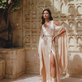 Boho Chic Silk Goddess Dress: Dusty Pink & Cream, Open Shoulder Long Sleeves, Feminine Shape for Weddings or Special Occasions.