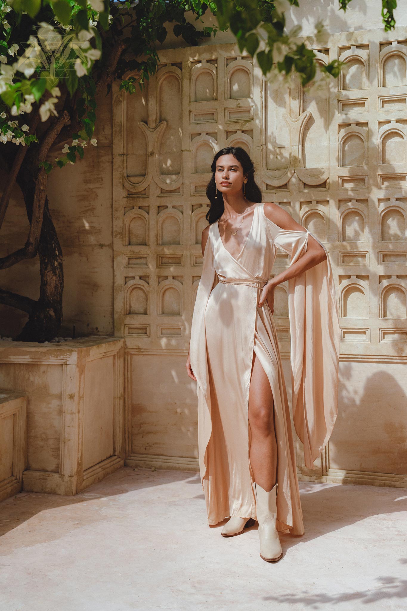 Boho Chic Silk Goddess Dress: Dusty Pink & Cream, Open Shoulder Long Sleeves, Feminine Shape for Weddings or Special Occasions.