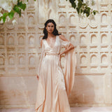 Feminine Ahimsa Silk Goddess Dress: Dusty Pink & Cream Ombre, Elegant Wrap Kimono Design, Ideal for Bridesmaids or Special Events.