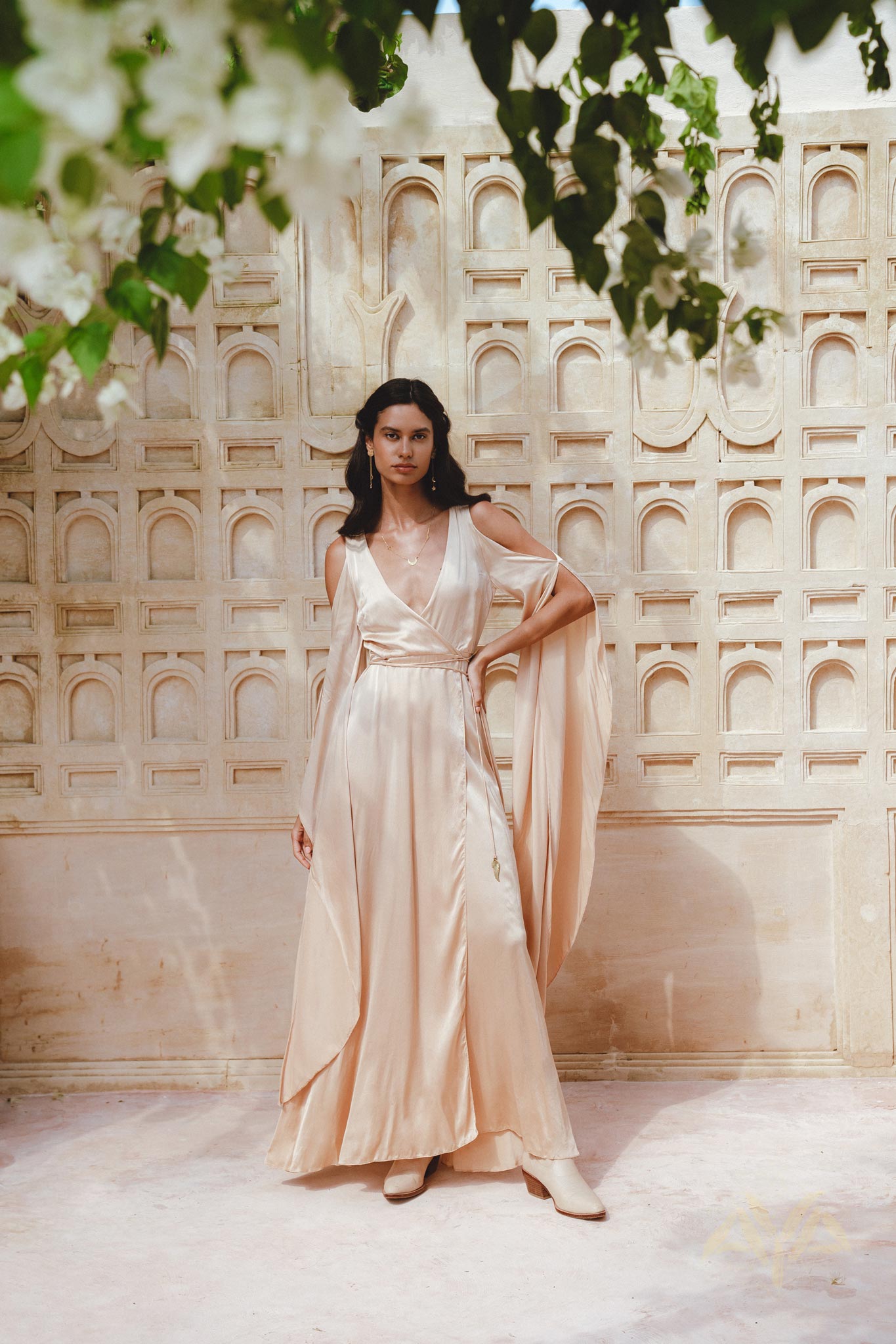 Feminine Ahimsa Silk Goddess Dress: Dusty Pink & Cream Ombre, Elegant Wrap Kimono Design, Ideal for Bridesmaids or Special Events.