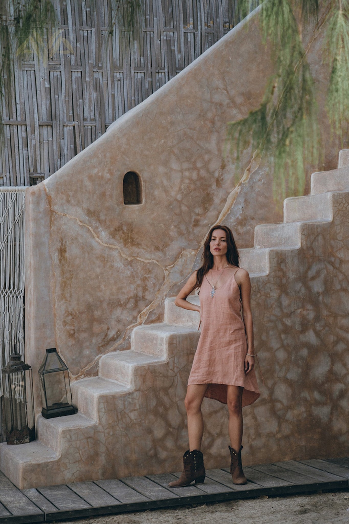 Linen Boho Bridesmaid Dress • Pink Linen Bohemian Slip Midi Dress - AYA Sacred Wear