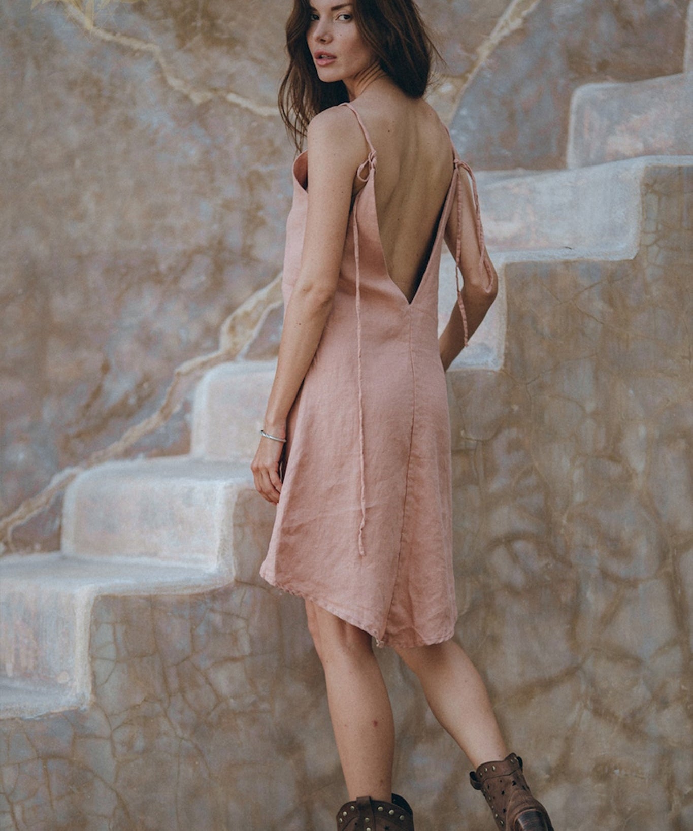 Linen Boho Bridesmaid Dress • Pink Linen Bohemian Slip Midi Dress - AYA Sacred Wear