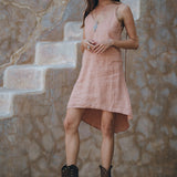 Linen Boho Bridesmaid Dress • Pink Linen Bohemian Slip Midi Dress - AYA Sacred Wear