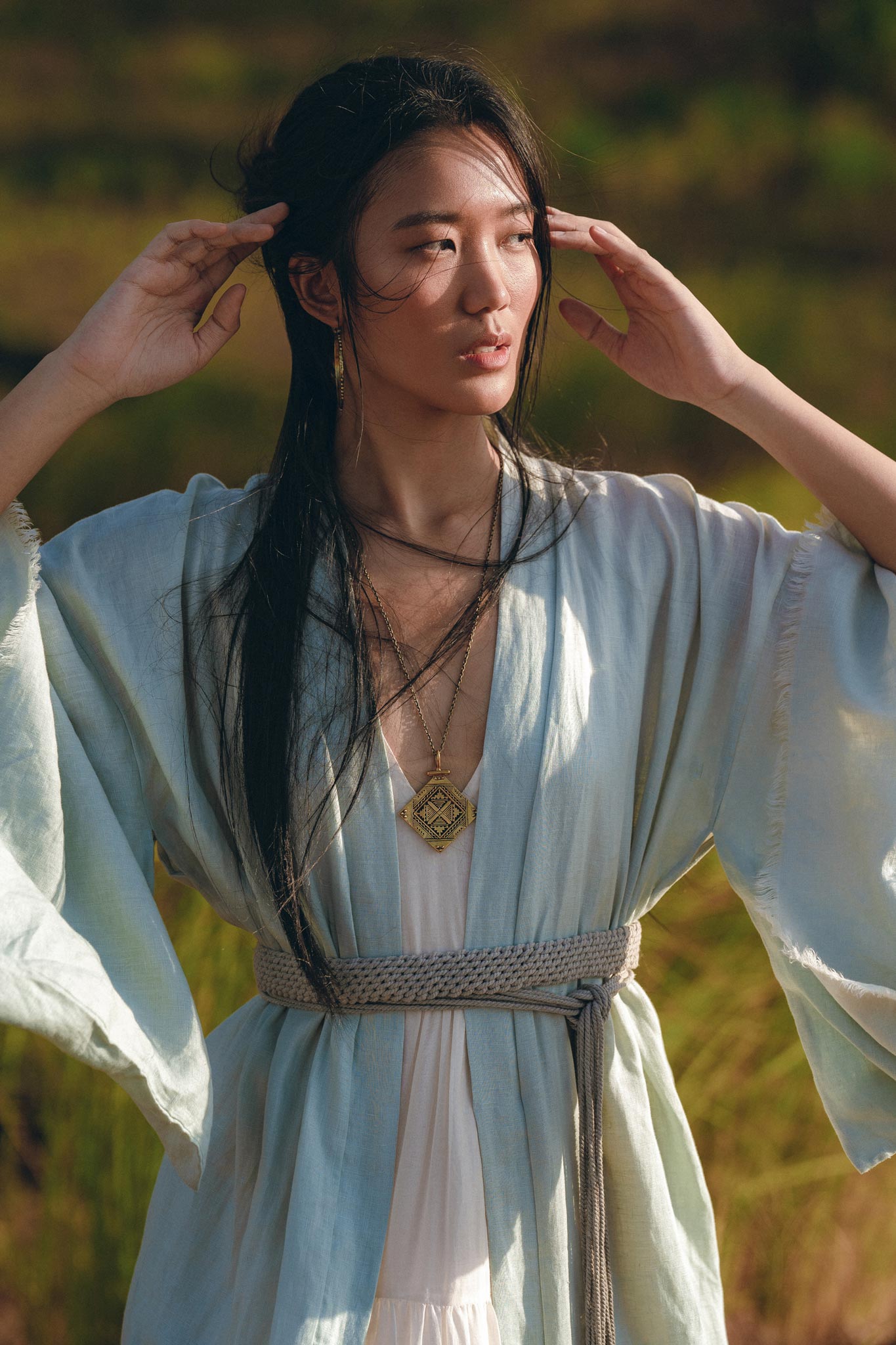 Linen Cardigan with Belt • Linen Sky Blue Overcoat • Long Jacket Women - AYA Sacred Wear