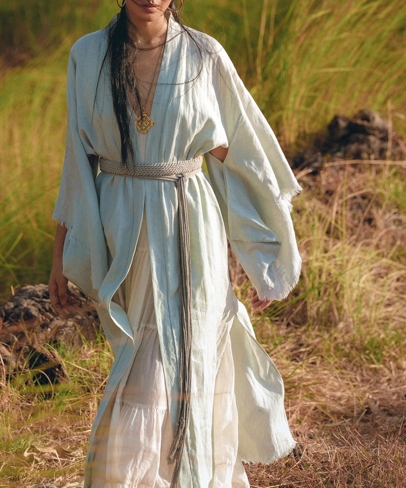 Linen Cardigan with Belt • Linen Sky Blue Overcoat • Long Jacket Women - AYA Sacred Wear