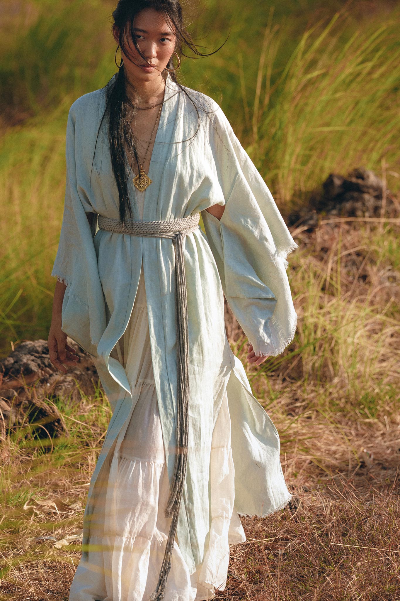 Linen Cardigan with Belt • Linen Sky Blue Overcoat • Long Jacket Women - AYA Sacred Wear