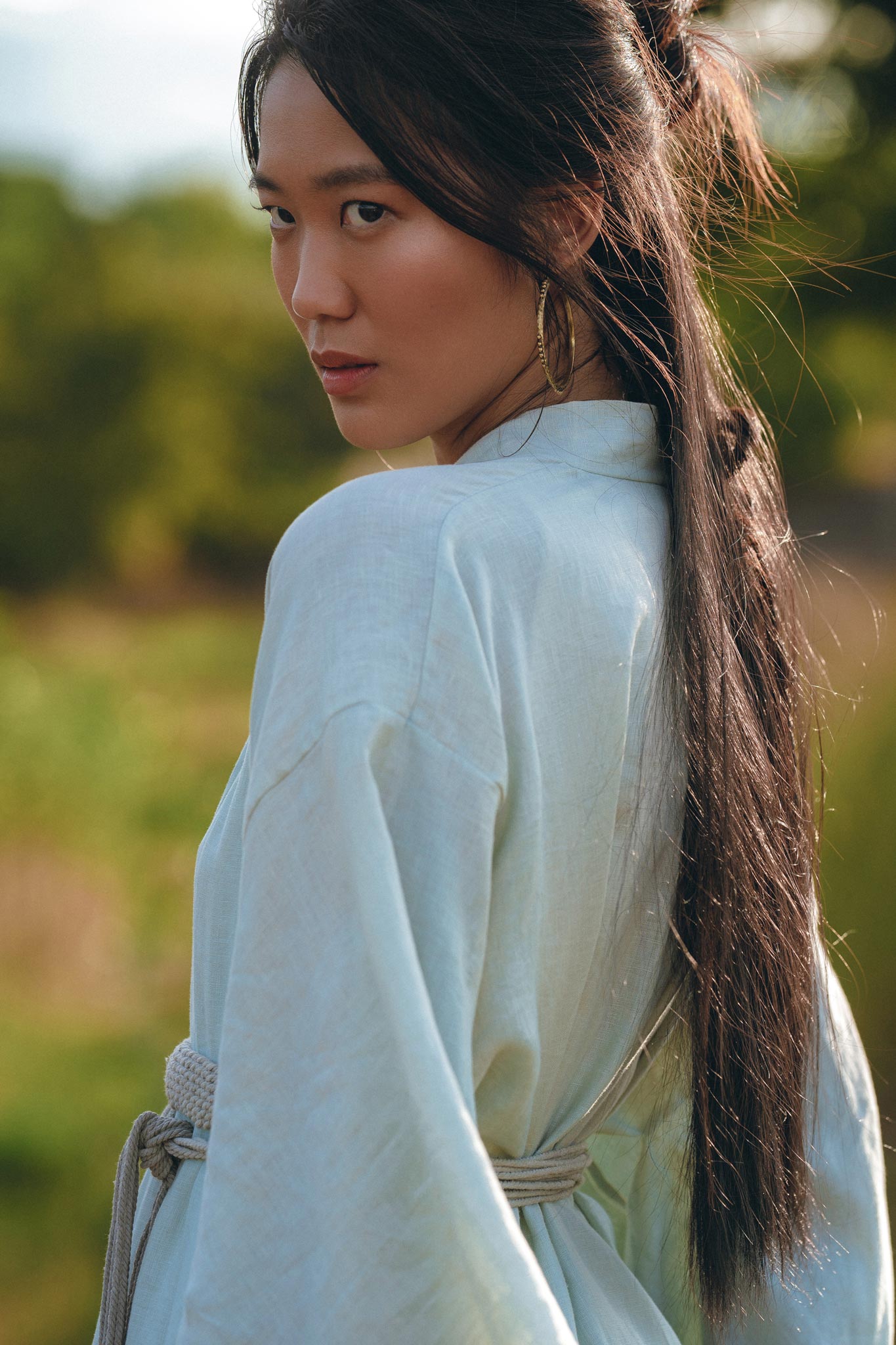 Linen Cardigan with Belt • Linen Sky Blue Overcoat • Long Jacket Women - AYA Sacred Wear