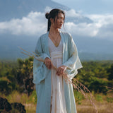 Linen Cardigan with Belt • Linen Sky Blue Overcoat • Long Jacket Women - AYA Sacred Wear