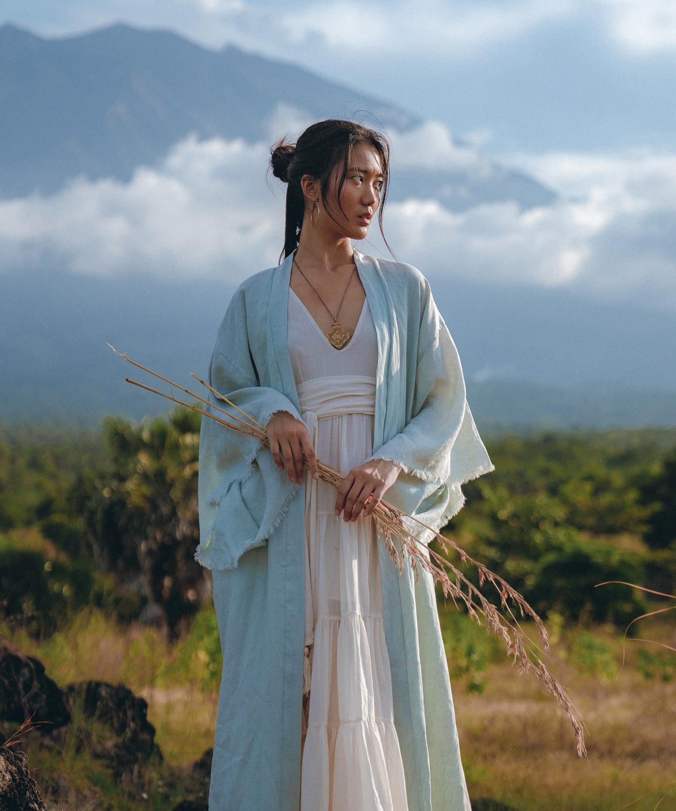 Linen Cardigan with Belt • Linen Sky Blue Overcoat • Long Jacket Women - AYA Sacred Wear