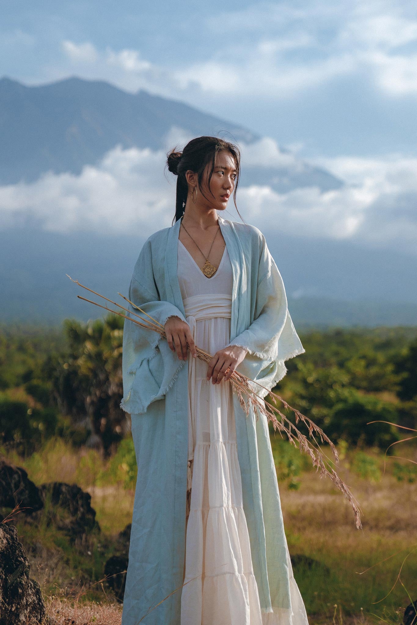 Linen Cardigan with Belt • Linen Sky Blue Overcoat • Long Jacket Women - AYA Sacred Wear