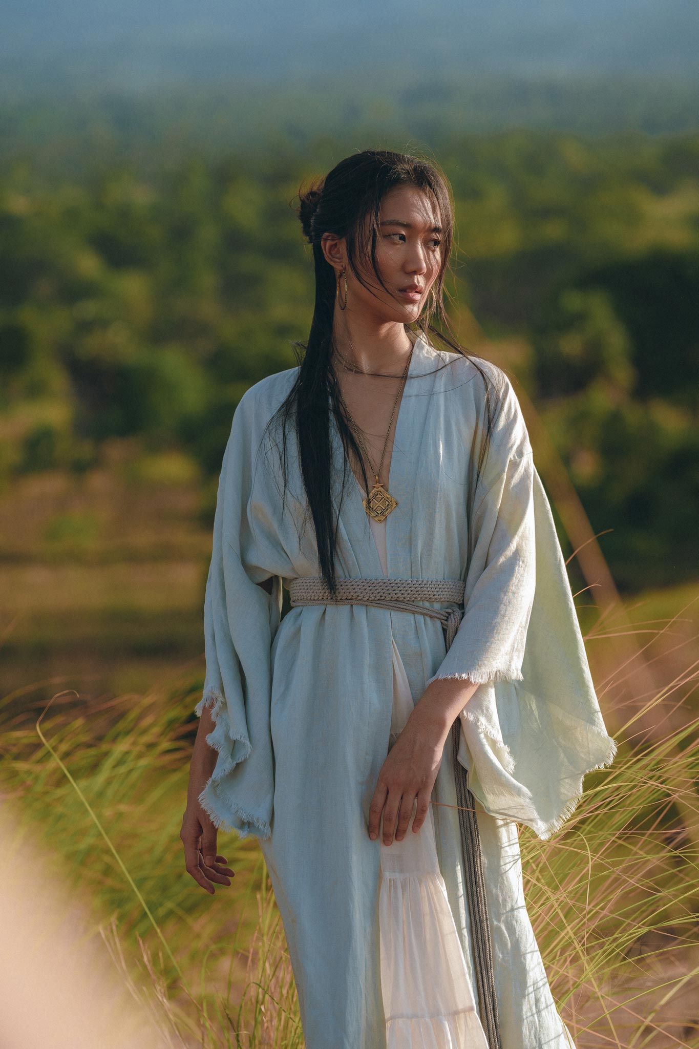 Linen Cardigan with Belt • Linen Sky Blue Overcoat • Long Jacket Women - AYA Sacred Wear