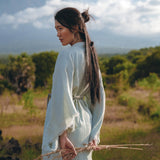 Linen Cardigan with Belt • Linen Sky Blue Overcoat • Long Jacket Women - AYA Sacred Wear