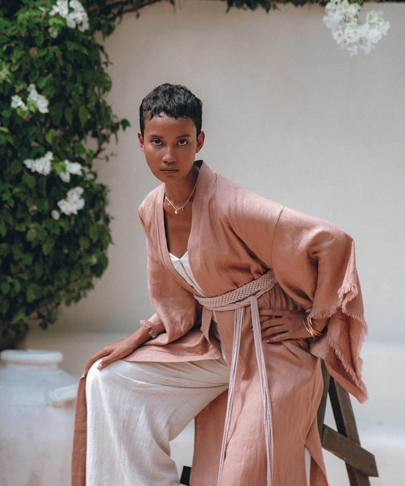 Linen Cardigan Women • Dusty Pink Overcoat • Boho Wrap Cardigan with Belt - AYA Sacred Wear
