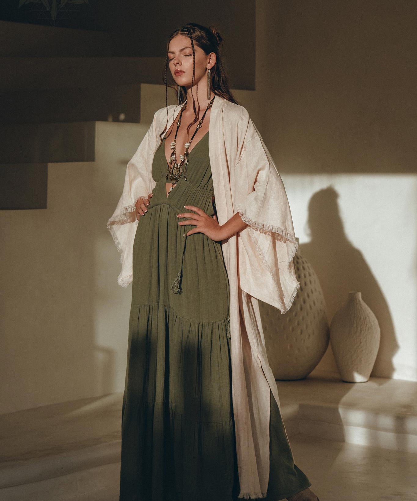 Linen Cardigan Women • Light Pink Overcoat • Linen Wrap Cardigan with Belt - AYA Sacred Wear