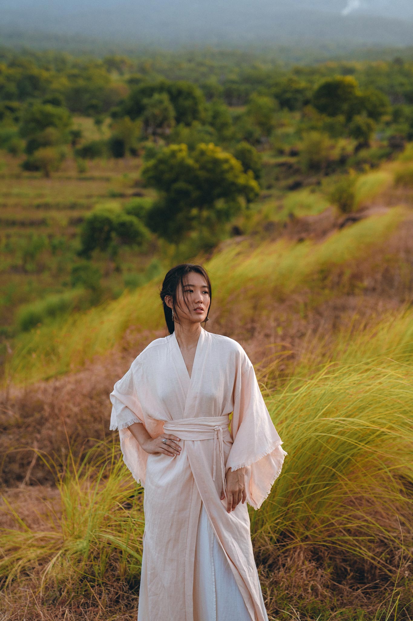 Linen Cardigan Women • Light Pink Overcoat • Linen Wrap Cardigan with Belt - AYA Sacred Wear