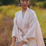 Linen Cardigan Women • Light Pink Overcoat • Linen Wrap Cardigan with Belt - AYA Sacred Wear