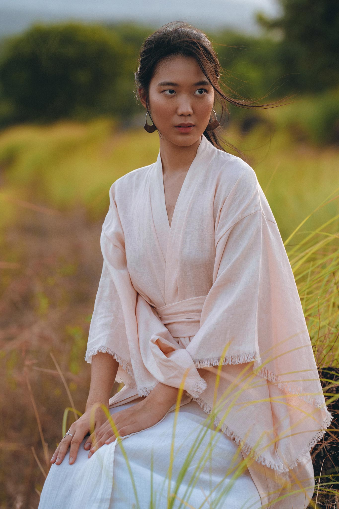 Linen Cardigan Women • Light Pink Overcoat • Linen Wrap Cardigan with Belt - AYA Sacred Wear