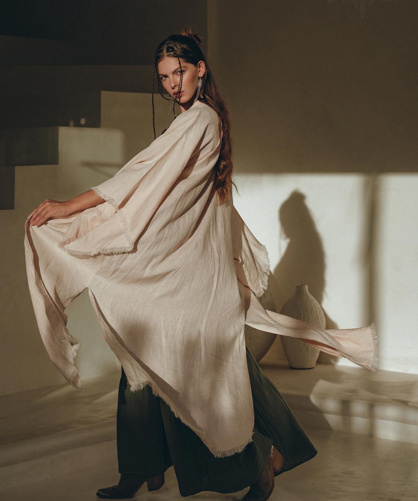 Linen Cardigan Women • Light Pink Overcoat • Linen Wrap Cardigan with Belt - AYA Sacred Wear