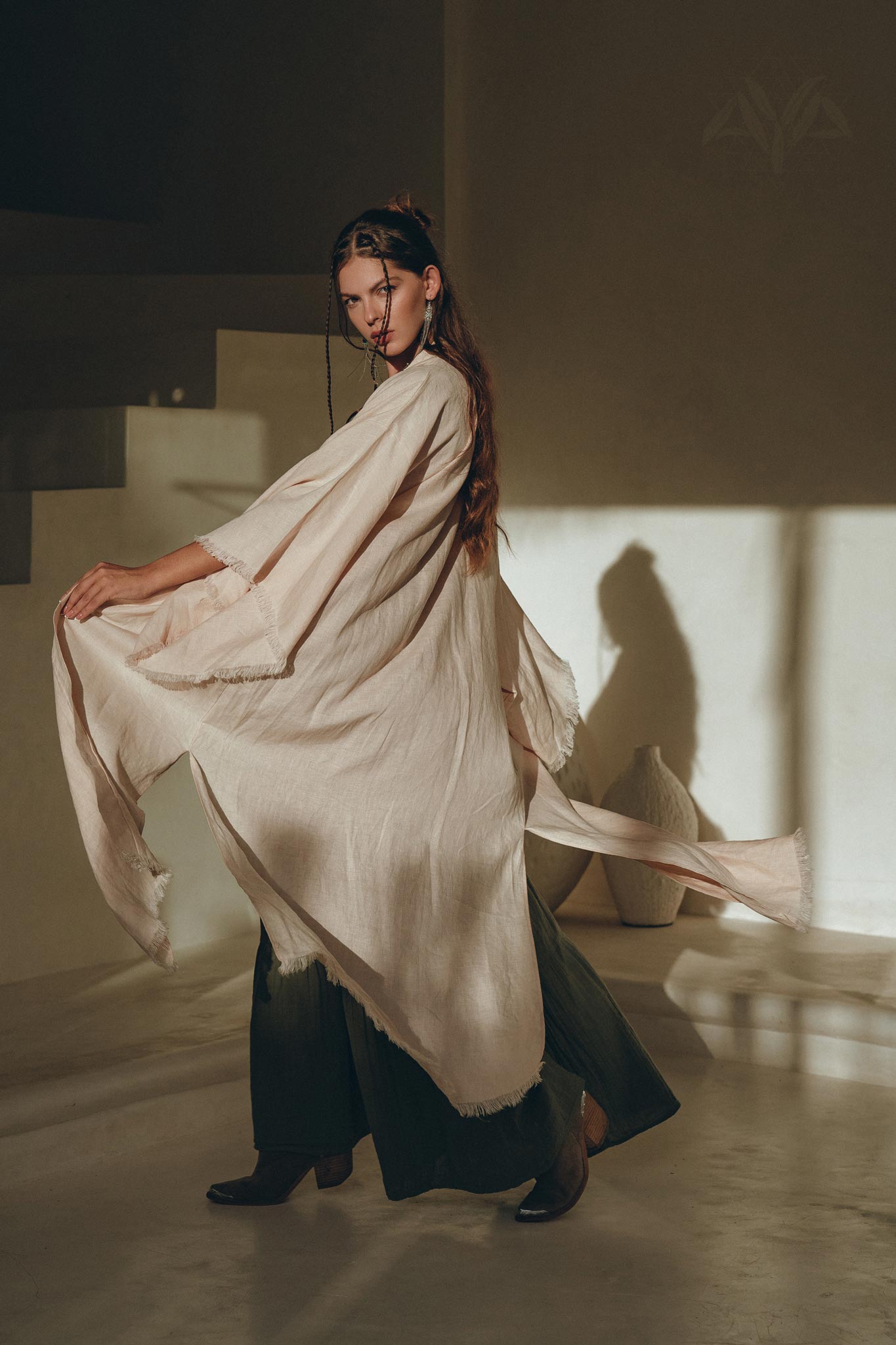 Linen Cardigan Women • Light Pink Overcoat • Linen Wrap Cardigan with Belt - AYA Sacred Wear