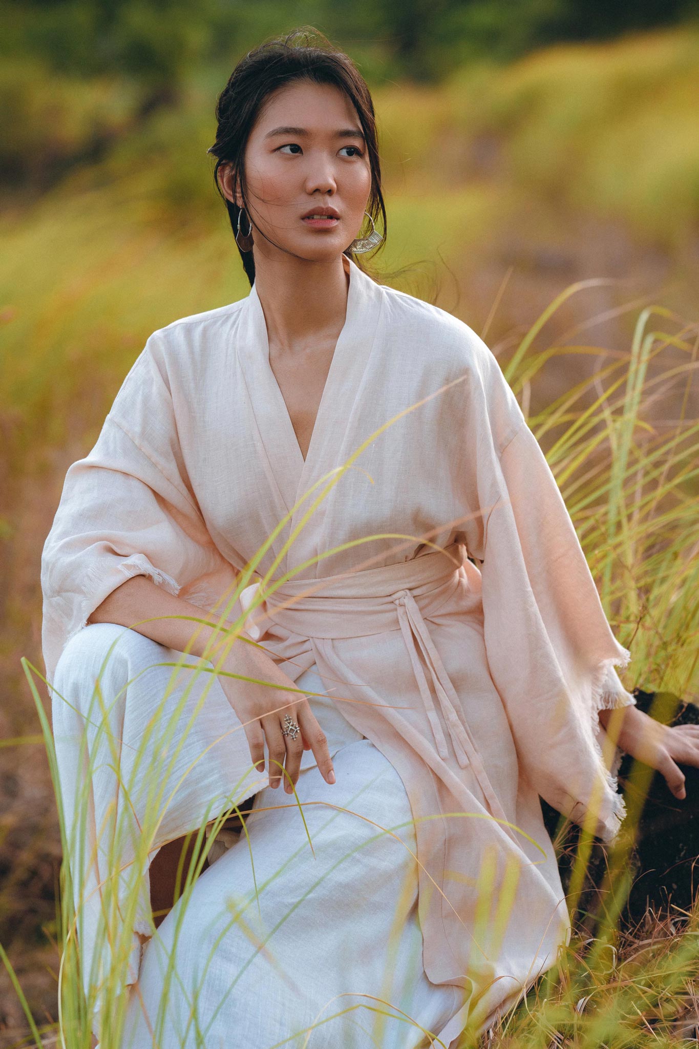 Linen Cardigan Women • Light Pink Overcoat • Linen Wrap Cardigan with Belt - AYA Sacred Wear