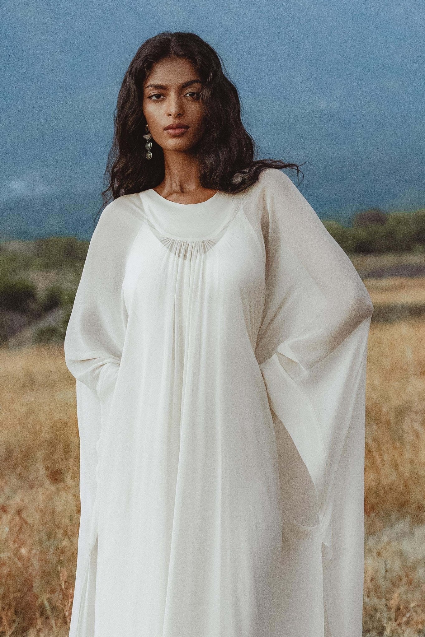 Mahadevi Dress Cream – Pure Silk Chiffon Goddess Gown - AYA Sacred Wear