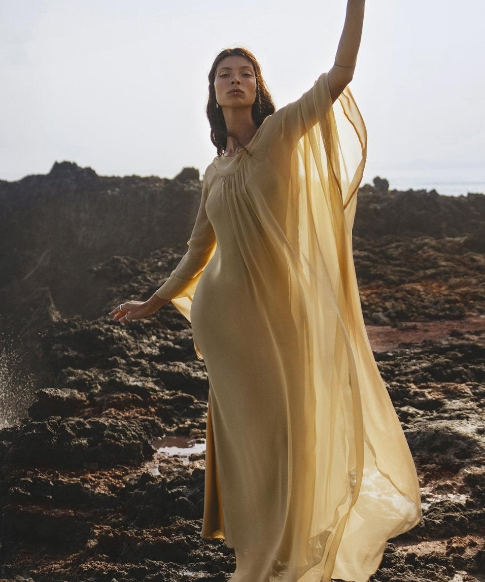 Mahadevi Dress Inka Gold – Pure Silk Chiffon Goddess Gown - AYA Sacred Wear