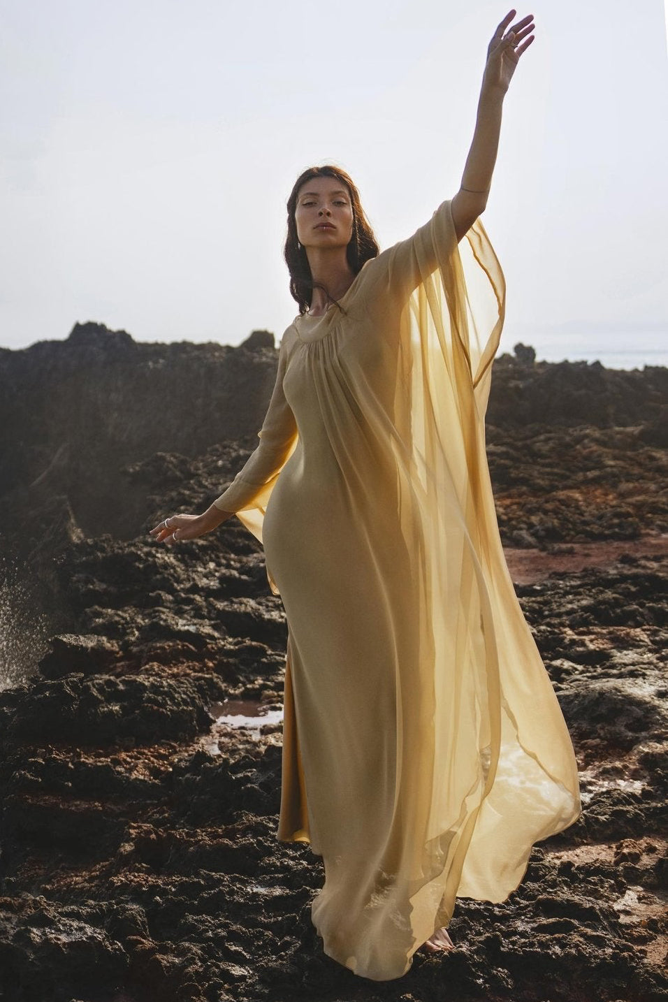 Mahadevi Dress Inka Gold – Pure Silk Chiffon Goddess Gown - AYA Sacred Wear