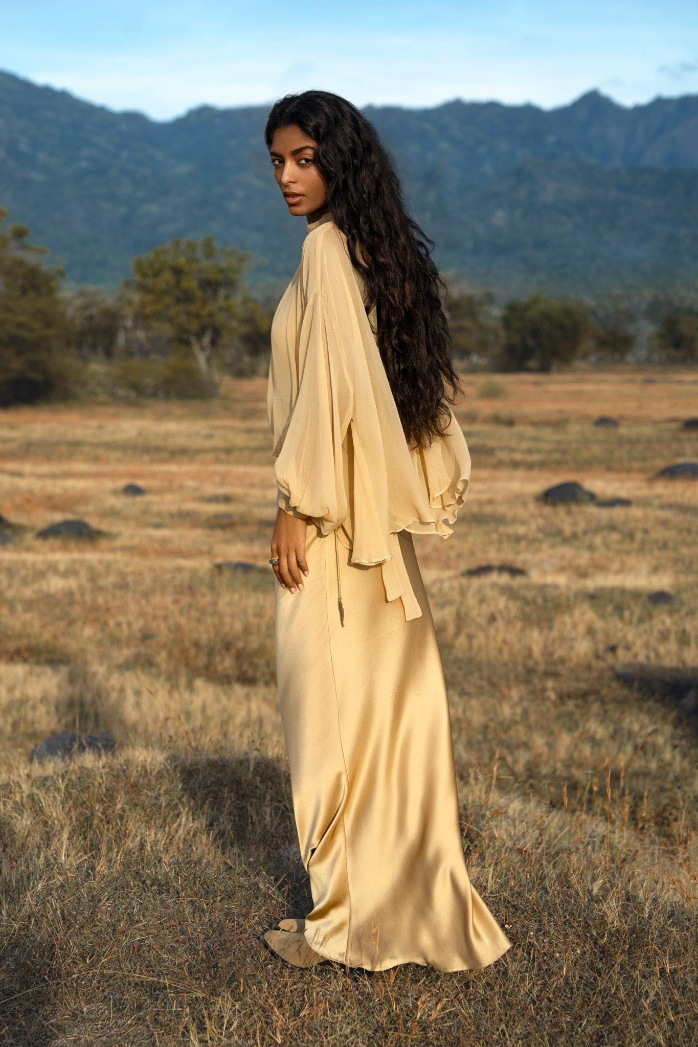 Maharani Blouse in Inka Gold Colour – Pure Silk Chiffon Boho Top - AYA Sacred Wear