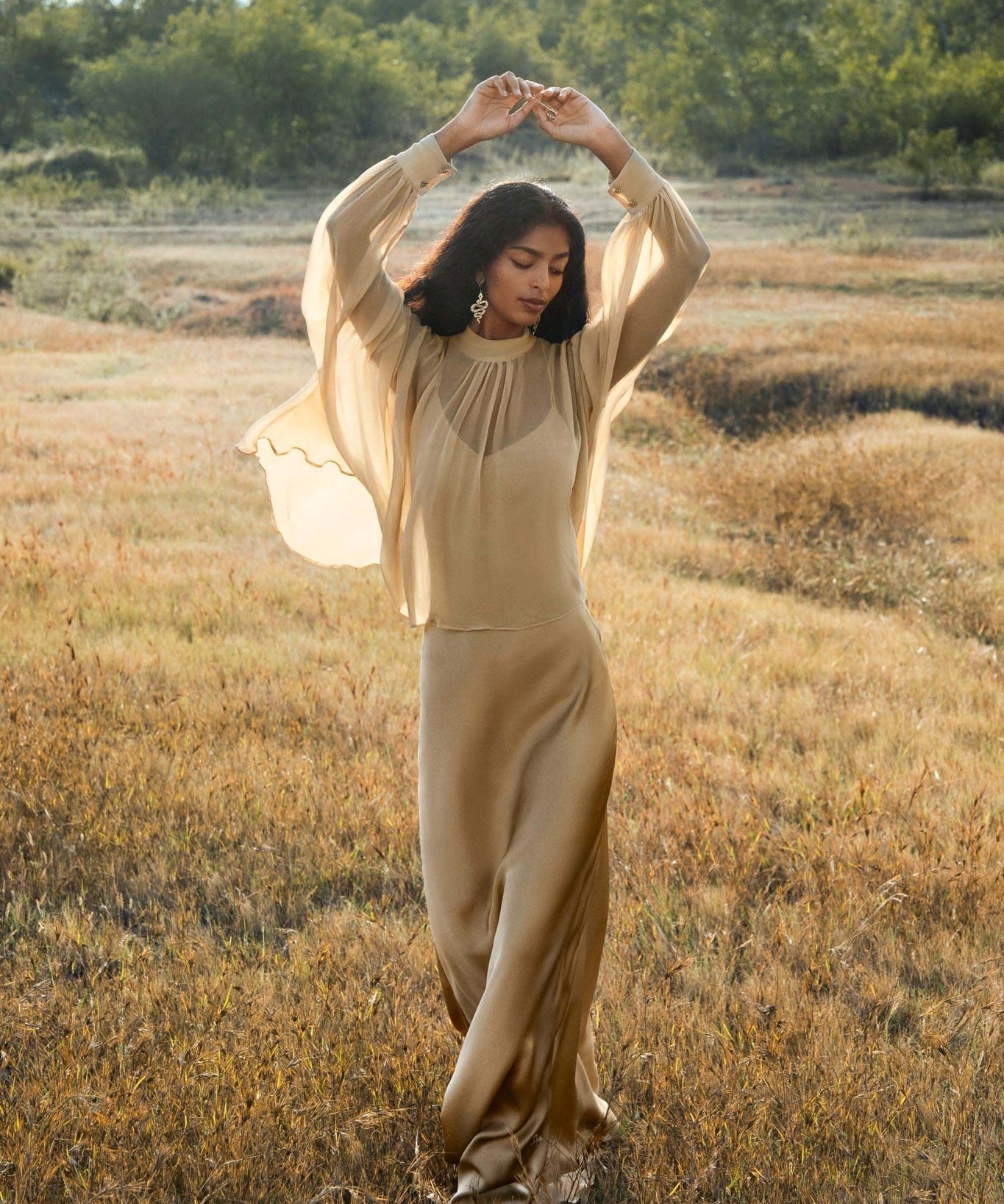 Maharani Blouse in Inka Gold Colour – Pure Silk Chiffon Boho Top - AYA Sacred Wear