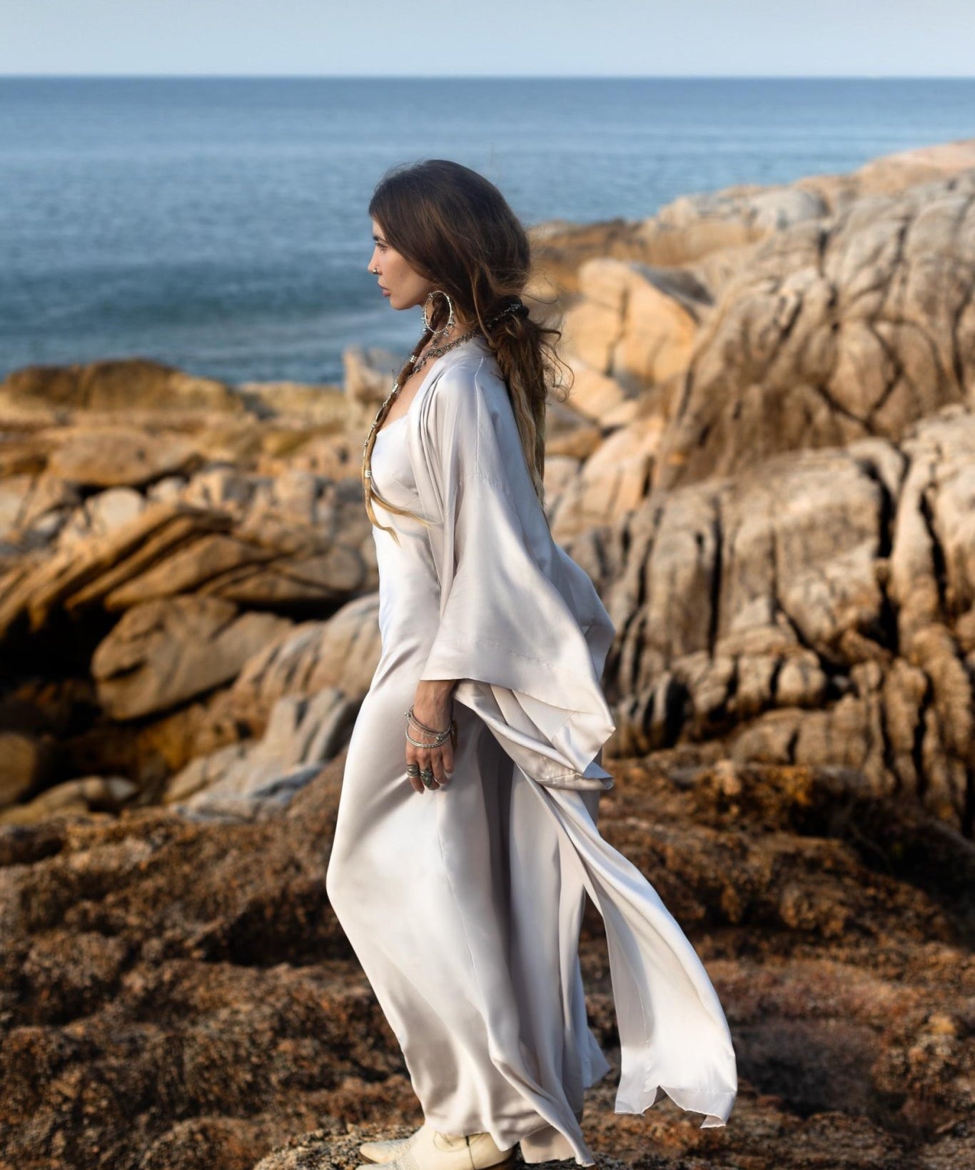 Mist Blue Ahimsa Peace Silk Long Robe Kimono, Floor - Length Maxi Boho Sustainable Fashion, Handmade Bali Ethical Wear - AYA Sacred Wear