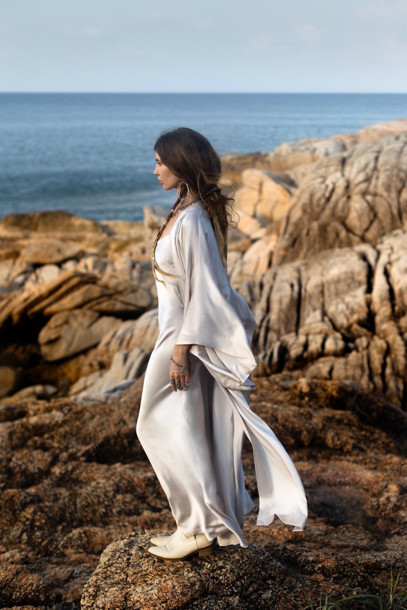 Mist Blue Ahimsa Peace Silk Long Robe Kimono, Floor - Length Maxi Boho Sustainable Fashion, Handmade Bali Ethical Wear - AYA Sacred Wear