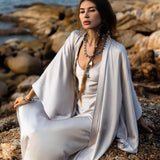 Mist Blue Ahimsa Peace Silk Long Robe Kimono, Floor - Length Maxi Boho Sustainable Fashion, Handmade Bali Ethical Wear - AYA Sacred Wear