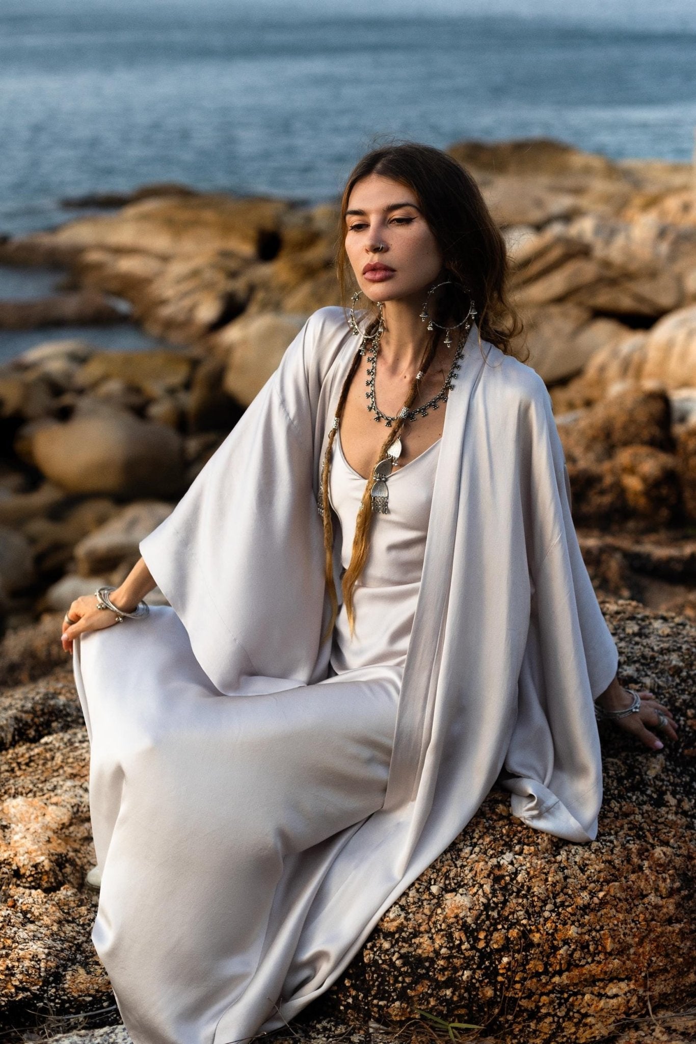 Mist Blue Ahimsa Peace Silk Long Robe Kimono, Floor - Length Maxi Boho Sustainable Fashion, Handmade Bali Ethical Wear - AYA Sacred Wear