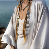 Mist Blue Ahimsa Peace Silk Long Robe Kimono, Floor - Length Maxi Boho Sustainable Fashion, Handmade Bali Ethical Wear - AYA Sacred Wear